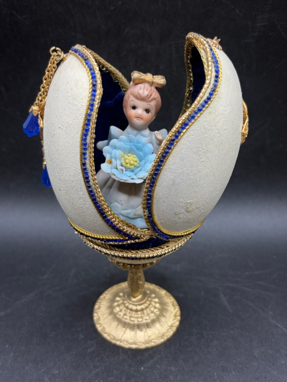Vintage Handmade Faberge Style Real Egg Ceramic Girl Presentation Box Decor